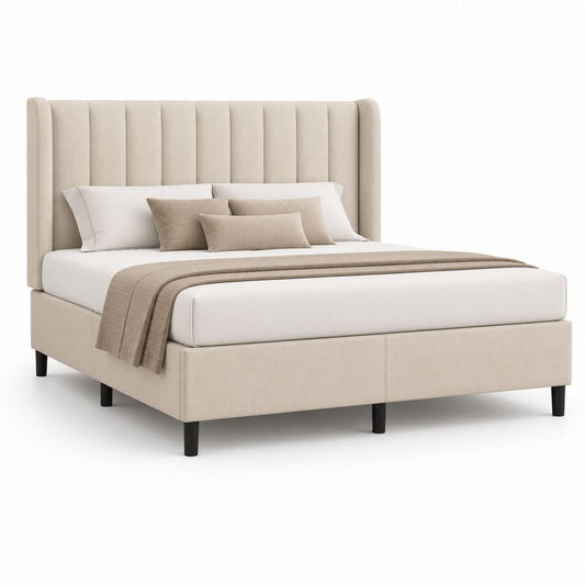 Letto matrimoniale imbottito beige in tessuto con testiera alta, materasso 160 x 200 cm, dimensioni 175 x 220 x 120 cm