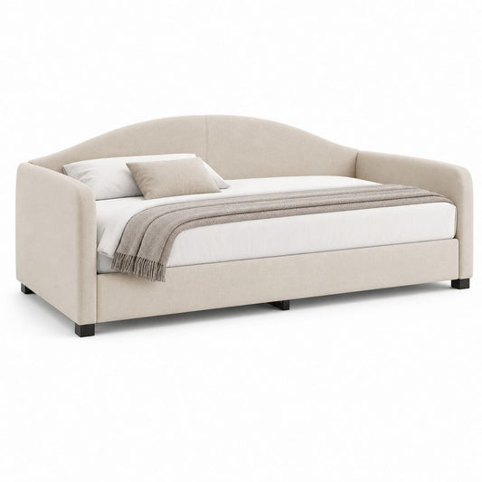 Letto singolo imbottito in tessuto beige 218 x 105 x 91 cm, piano letto 90 x 200 cm, schienale curvo e sponde laterali