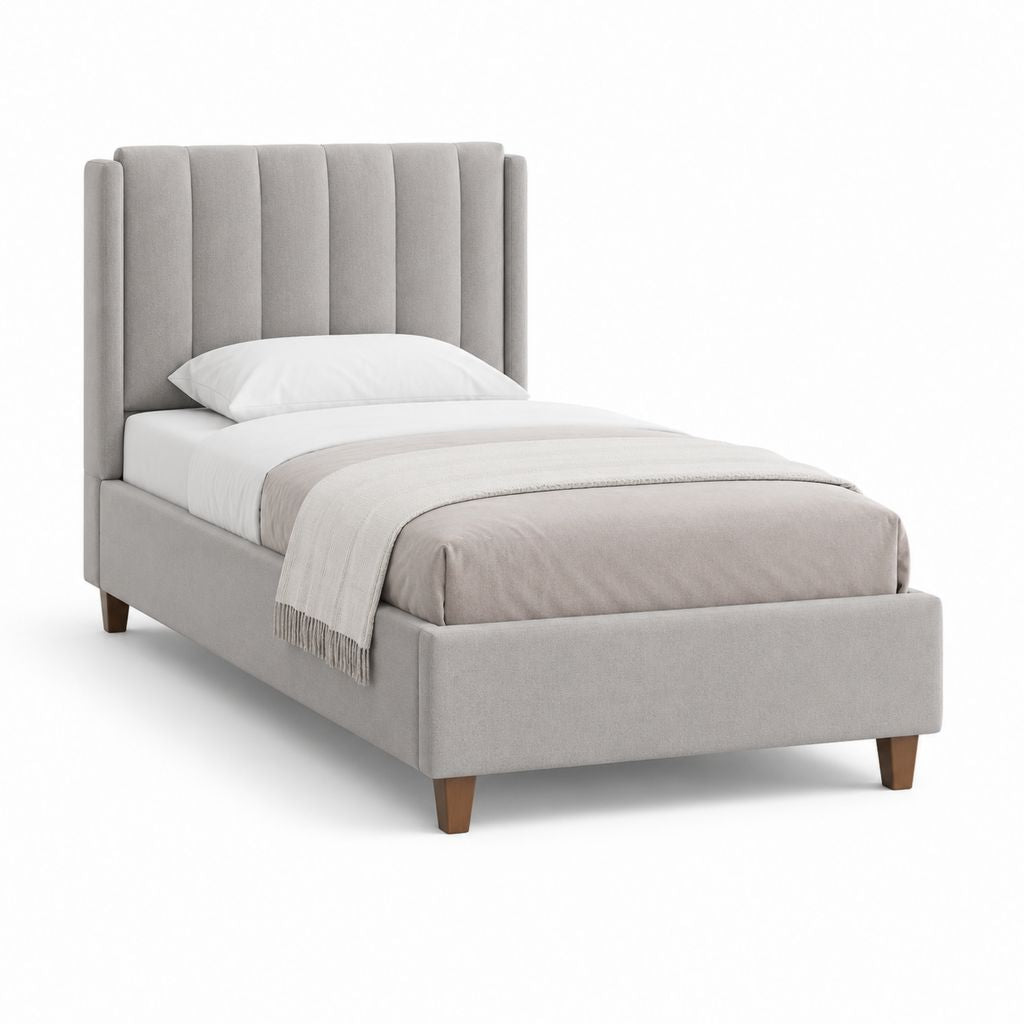 Letto singolo imbottito in poliestere grigio chiaro con testiera a pannelli, 104 x 215 x 120 cm, per materasso 90 x 200 cm