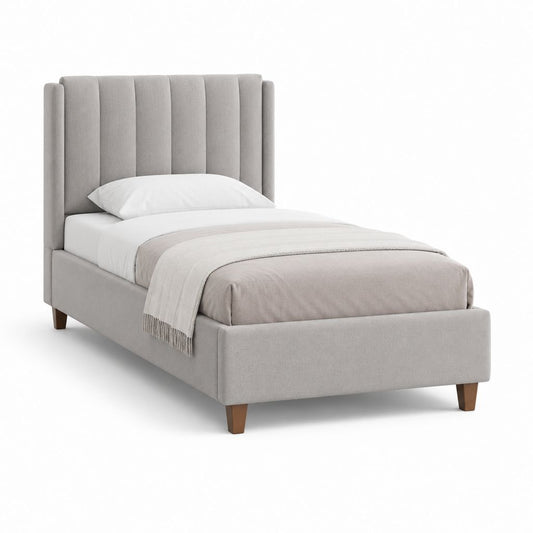 Letto singolo imbottito in poliestere grigio chiaro con testiera a pannelli, 104 x 215 x 120 cm, per materasso 90 x 200 cm