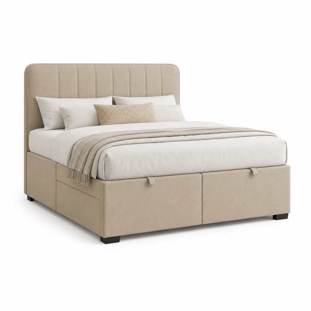 Letto matrimoniale beige e nero 171 x 215 x 120 cm in tessuto, con testiera imbottita, rete e 2 cassetti, materasso 160 x 200 cm