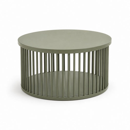 Tavolino da caffè rotondo in acciaio verde oliva Ø 80 × H 45 cm con struttura a listelli